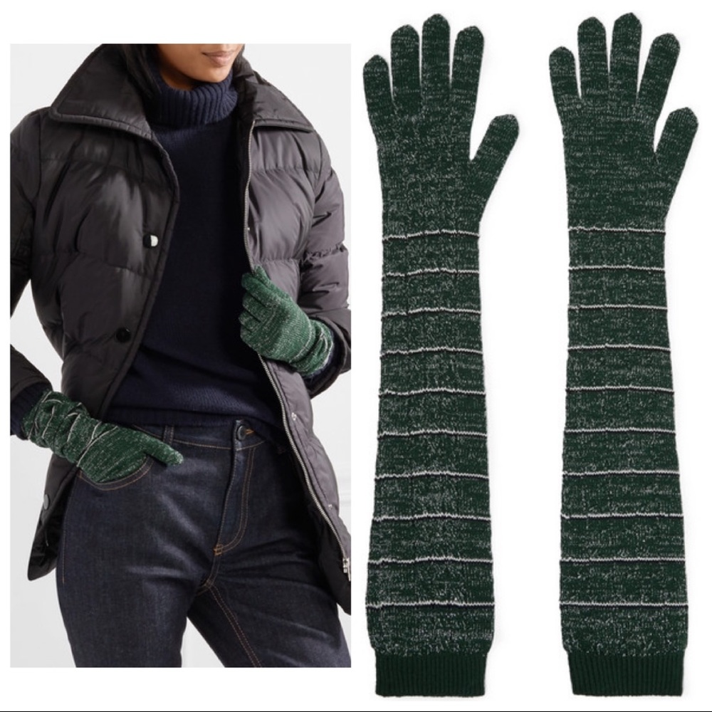 NEW Prada Striped Green Wool Long Knit Gloves